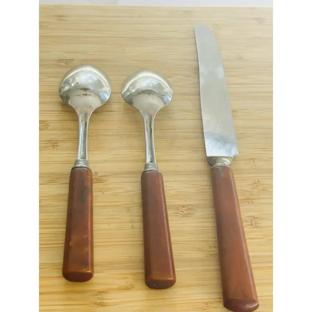 Vintage Butterscotch Amber Bakelite 2 Teaspoons & Knife 3 Pc Set